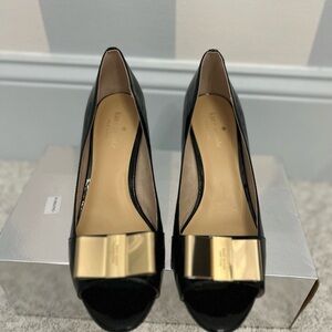 kate spade Black Patent Peep-Toe Pumps with Gold Plate